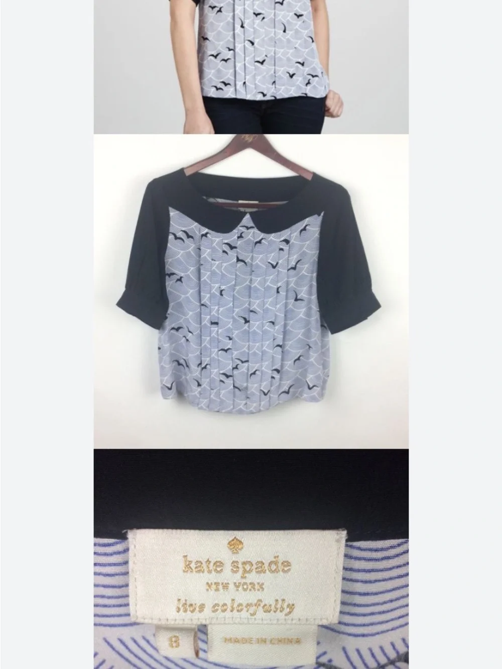 Kate Spade Women’s Black & Light Blue Pleated Print Blouse